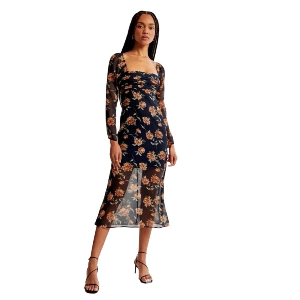 Abercrombie & Fitch Emerson Babydoll Floral Long Sleeve Midi Dress Size L Navy